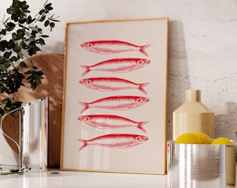 Sardines Wall Art Print | Aesthetic Kitchen Decor | Fish Poster | Seafood Art | Beige and Red Cooking Print | Trendy Colorful Food Art