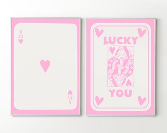 Pink Lucky You Poster, Trendy Retro Wall Art Set of 2, Queen Funky Art Print, Retro Trendy Aesthetic Print, Ace Card Poster, Trendy Wall Art