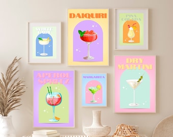 Cocktail Print Set of 6, Colorful Bar Cart Gallery Wall Set, Retro Cocktail Print, Drinks Wall Home Decor, Aperol Spritz, Alcohol Print Set