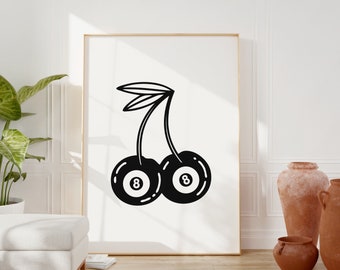 Trendy Retro 8 Ball Cherries Print, Vintage Wall Art Print, Modern Kitchen Decor, Aesthetic Print, Funny Digital Art Prints, Printable Art