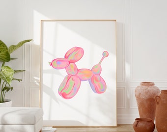 May include: A colorful, pink balloon animal shaped like a dog. The balloon animal is made of multiple balloons, creating a unique and whimsical design.