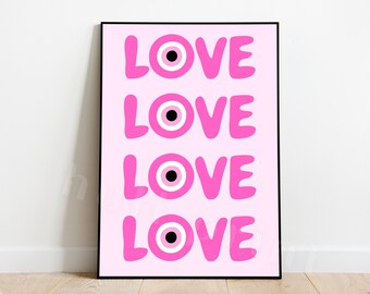 Pink Preppy Wall Art, Love Evil Eye Poster, Dorm Room Decor, Trendy Poster Print, Preppy Wall Art, College Dorm Poster, Typography poster