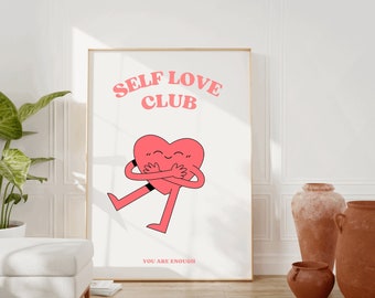 Retro Self Love Club Poster, Red Preppy Wall Art Print, Trendy Print, Aesthetic Room Decor, Positivity Printable Art, College Dorm Poster