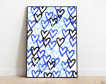 Blue and Black Preppy Heart Wall Art, Affiche de cœur, Art abstrait bleu, Affiche de dortoir universitaire, Art mural imprimable, Décoration de chambre, Impressions d’adolescents