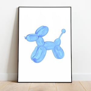 May include: A blue balloon animal shaped like a dog. The balloon animal is on a white background.