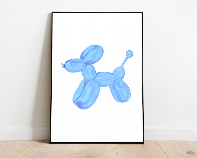 May include: A blue balloon animal shaped like a dog. The balloon animal is on a white background.