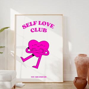 Self Love Club Wall Art Print, Pink Preppy Wall Art, Retro Print, Pink Aesthetic Room Decor, Positivity Printable Art, College Dorm Poster