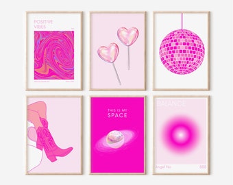 May include: Set of six pink and white printable wall art prints with various designs, including a swirl pattern, hearts on sticks, a disco ball, a planet with rings, a pair of cowboy boots, and a pink gradient circle. The prints have text that reads "Positive Vibes", "This is my Space", and "Balance".