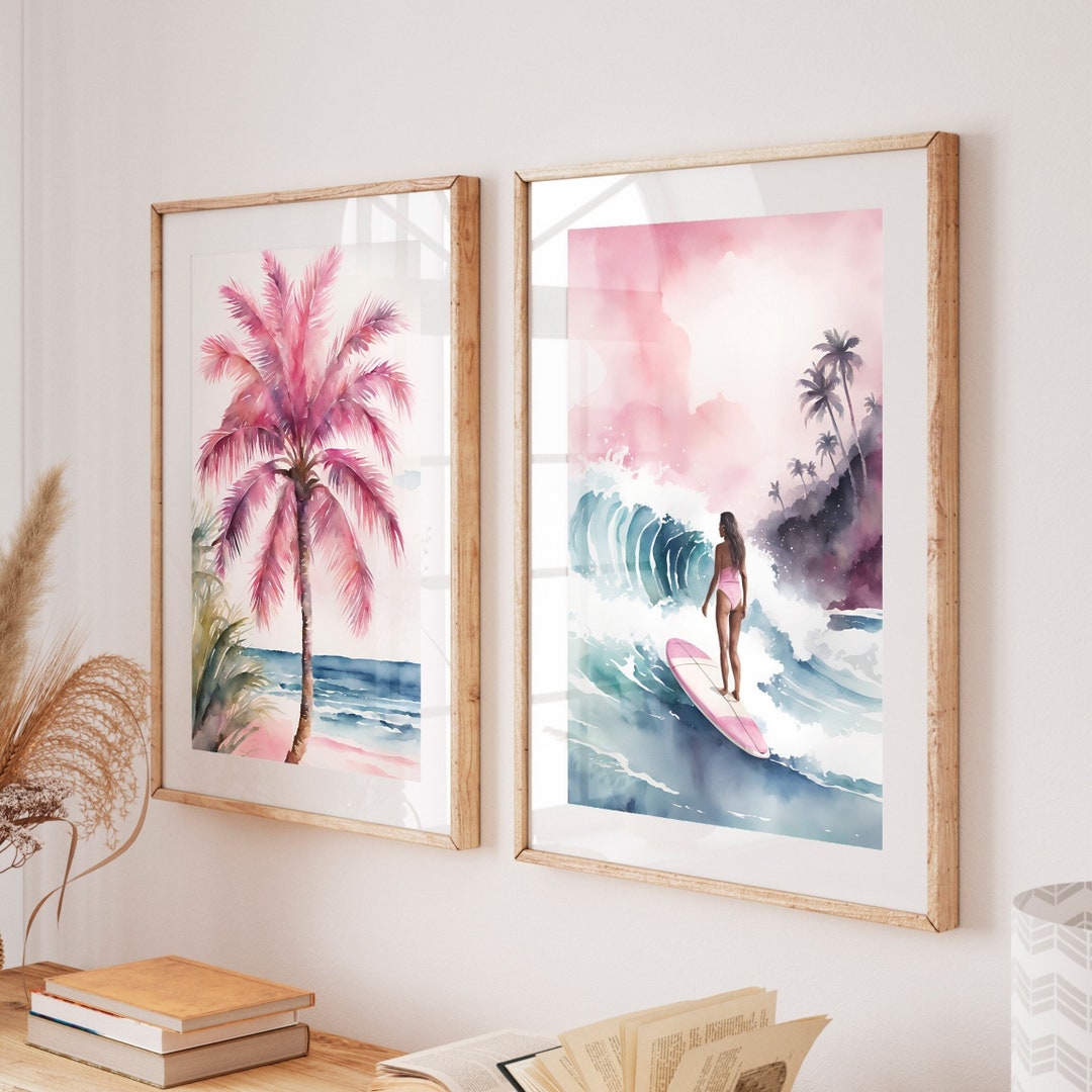 Coastal Cowgirl Wall Art, Pink Surfing Print Set of 2, Watercolour ...