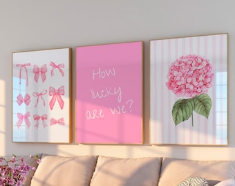 Trendy Pink Bows Wall Art Set of 3, Preppy Poster, Hydrangea Print, How Lucky Are We, Coquette Dorm Room Decor, Watercolor Apartment Poster