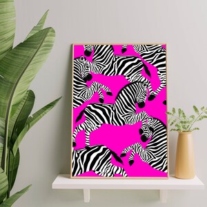 May include: A digital print featuring a repeating pattern of black and white zebras on a bright pink background.