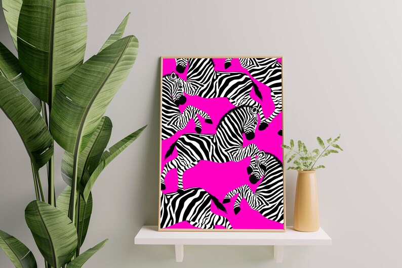 May include: A digital print featuring a repeating pattern of black and white zebras on a bright pink background.