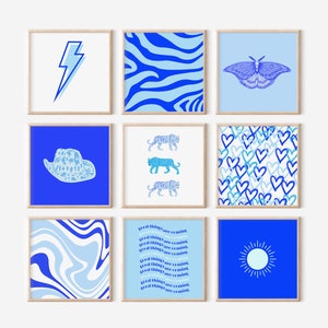 Blue Preppy Wall Art Set of 9, Wall Art Pack For Dorm, Hearts Poster, Lightning Preppy Room Decor, Tiger Trendy Print, College Dorm Poster