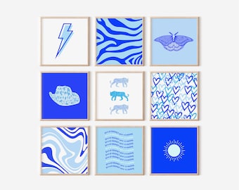Blue Preppy Wall Art Set of 9, Wall Art Pack For Dorm, Hearts Poster, Lightning Preppy Room Decor, Tiger Trendy Print, College Dorm Poster