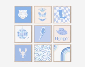 Blue Preppy Wall Art Set of 9, Hearts Poster, Pastel Preppy Room Decor, Tiger Trendy Print, College Dorm Poster, Square Gallery Wall Set