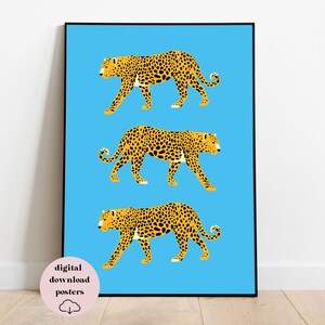 May include: Three yellow and black leopard print illustrations on a light blue background. The leopards are walking in a row, facing the right side of the image.
