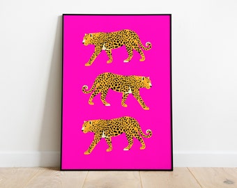 Feline Pink Wall Art, Cheetah Poster, Leopard Poster, Tiger Illustration, Printable Wall Art, Big Cat Print, Animal Print, Preppy Wall Art