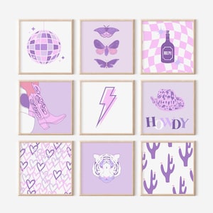 Purple Preppy Wall Art Set of 9, Western Poster, Howdy Preppy Room Decor, Cowgirl Trendy Print, College Dorm Poster, Square Gallery Wall Set