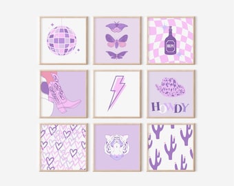 Purple Preppy Wall Art Set of 9, Western Poster, Howdy Preppy Room Decor, Cowgirl Trendy Print, College Dorm Poster, Square Gallery Wall Set
