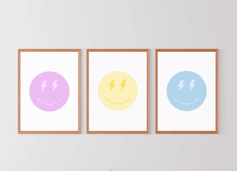 Preppy Lightning Bolt Smiley Faces Pink Preppy Wall Art Etsy