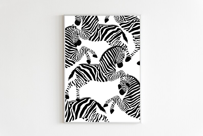 May include: Black and white illustration of zebras in a repeating pattern. The zebras are arranged in a layered, overlapping design, creating a dynamic and abstract look.