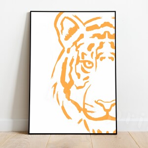 Puede incluir: Un primer plano de la cara de un tigre, con solo el lado derecho de la cara visible. El tigre est&aacute; delineado en un color naranja brillante sobre un fondo blanco.