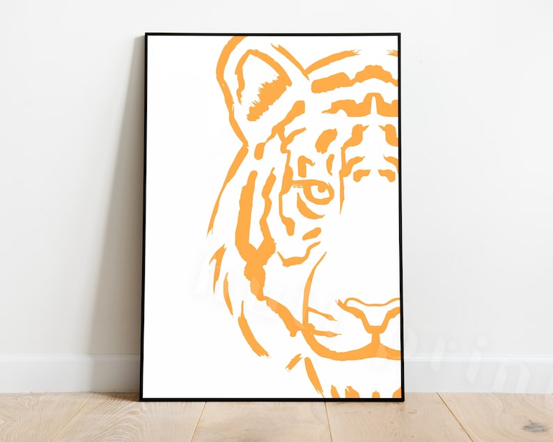 Puede incluir: Un primer plano de la cara de un tigre, con solo el lado derecho de la cara visible. El tigre est&aacute; delineado en un color naranja brillante sobre un fondo blanco.