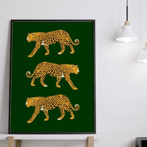 May include: Three stylized leopards in orange and yellow are walking across a dark green background. The leopards are in a row, one above the other.