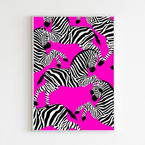 May include: A digital illustration of a repeating pattern of black and white zebras on a bright pink background.