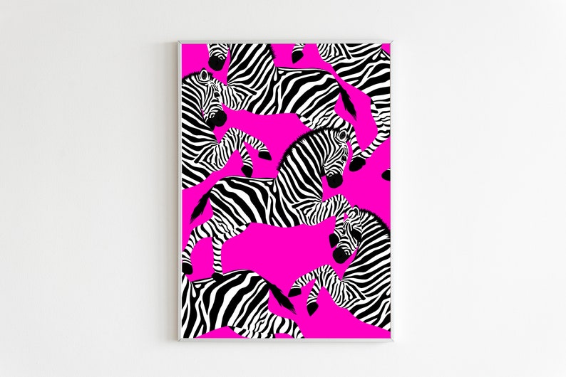 May include: A digital illustration of a repeating pattern of black and white zebras on a bright pink background.