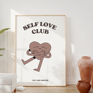 Retro Self Love Club Poster, Hugging Heart Wall Art Print, Trendy Print, Aesthetic Room Decor, Positivity Printable Art, College Dorm Poster