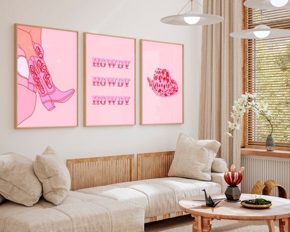 Pink Preppy Western Print Set of 3, Cowgirl Boots Wall Art, Preppy Dorm Wall Decor, Trendy Red Poster, Howdy Room Decor, College Room Poster