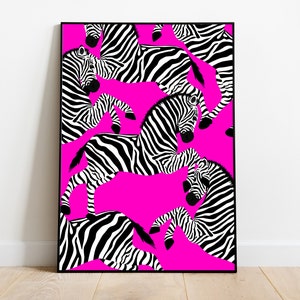 May include: A digital art print featuring a repeating pattern of black and white zebras on a bright pink background.
