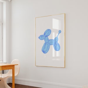 May include: A framed print of a blue balloon animal shaped like a dog. The balloon animal is against a white background.