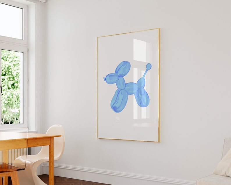 May include: A framed print of a blue balloon animal shaped like a dog. The balloon animal is against a white background.