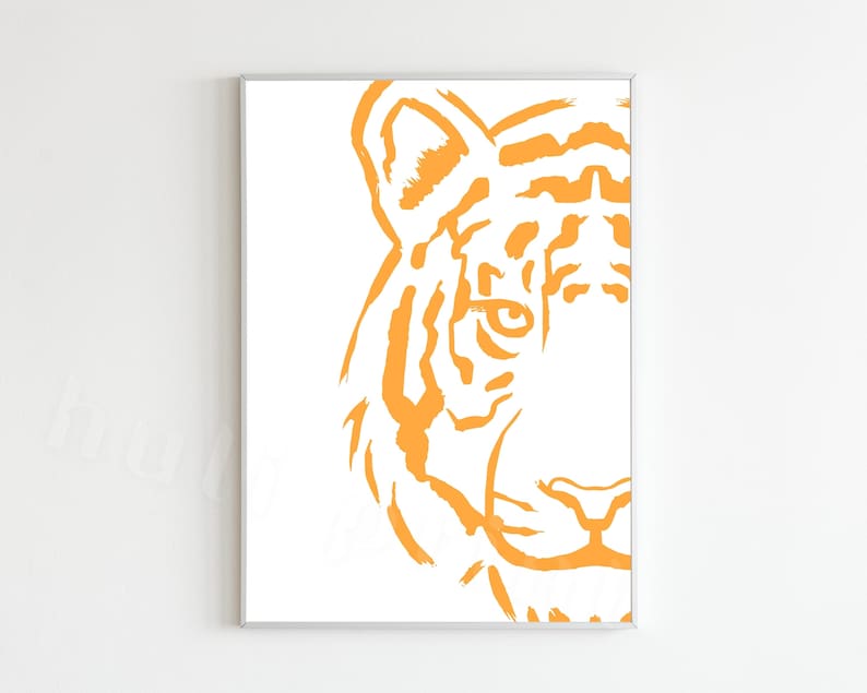 Puede incluir: Un primer plano de una ilustraci&oacute;n de cara de tigre naranja brillante. Las rayas del tigre son visibles y el ojo est&aacute; detallado.
