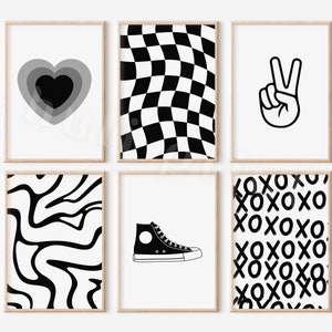 Black Preppy Wall Art Set of 6, Retro Posters, Preppy Room Decor, Checkered Trendy Print, College Dorm Poster, Sneakers Teenager Decor