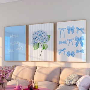 Blue Floral Bow Wall Art Set of 3, Hydrangea Print, How Lucky Are We, Coastal Dorm Room Decor, Trendy Apartment Poster, Cowgirl Preppy Print