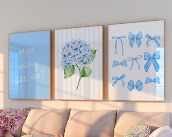 Blue Floral Bow Wall Art Set of 3, Hydrangea Print, How Lucky Are We, Coastal Dorm Room Decor, Trendy Apartment Poster, Cowgirl Preppy Print