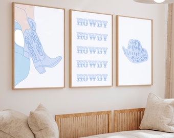 Blue Preppy Western Print Set of 3, Cowgirl Boots Wall Art, Preppy Dorm Wall Decor, Trendy Dorm Poster, Howdy Room Decor College Room Poster