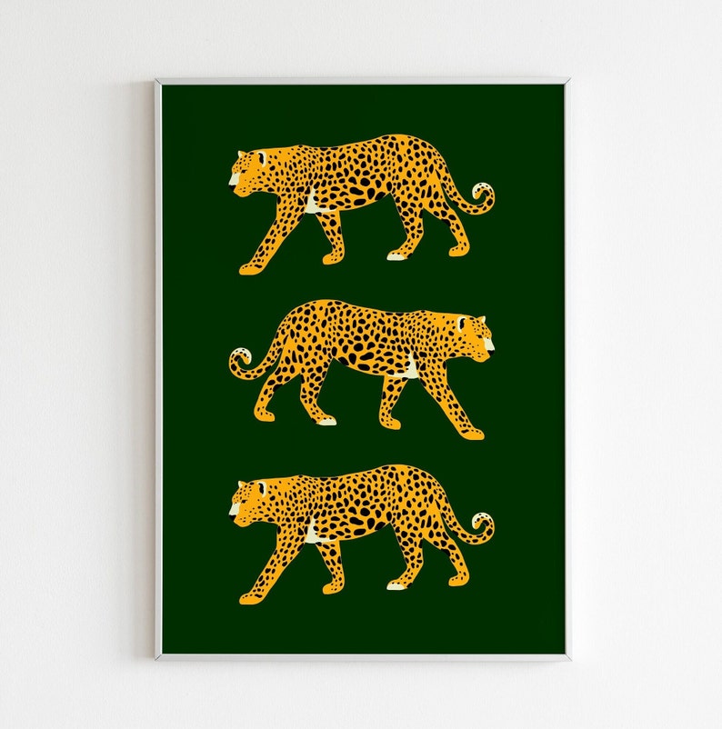 May include: Three yellow and black leopards are walking in a row against a dark green background. The leopards are stylized and have a flat, graphic look.