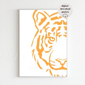 Puede incluir: Un p&oacute;ster digital descargable que presenta un primer plano de la cara de un tigre en un color naranja brillante. La cara del tigre est&aacute; delineada sobre un fondo blanco.