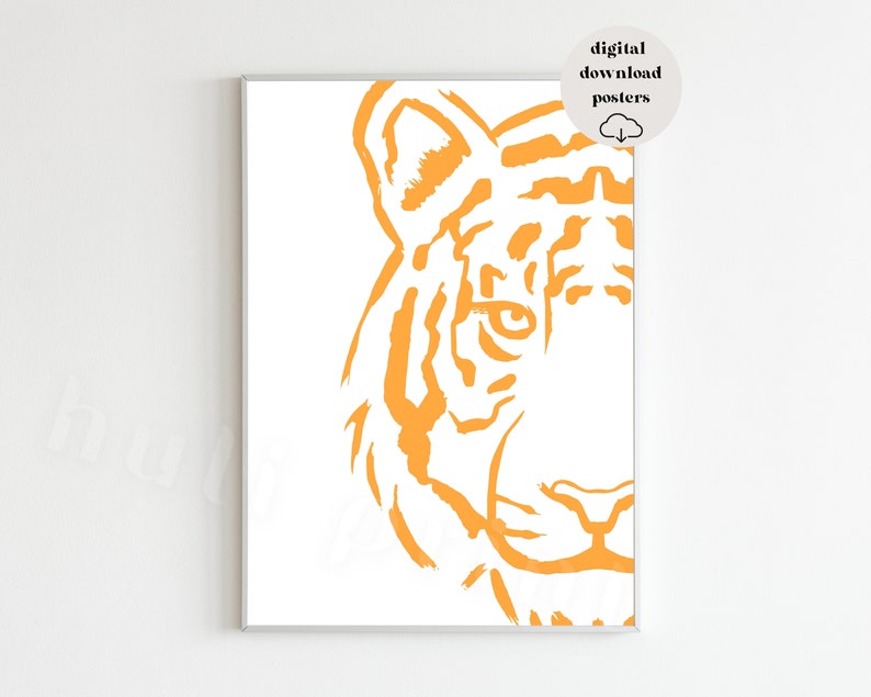 Puede incluir: Un p&oacute;ster digital descargable que presenta un primer plano de la cara de un tigre en un color naranja brillante. La cara del tigre est&aacute; delineada sobre un fondo blanco.