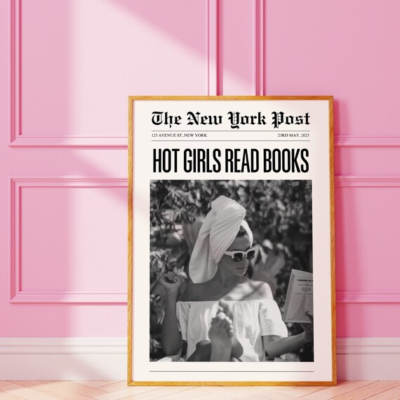 Hot Girls Read Books Print, Black and White Bookish Poster