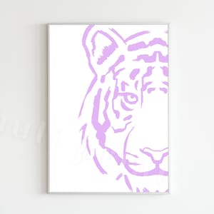 May include: A lilac purple tiger face illustration with stripes and a white background.