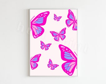 Pink Preppy Butterfly Wall Art, Trendy Art Prints, Preppy Poster, Decoración de la habitación, Printable Wall Art, Teenager Wall Art, College Dorm Poster