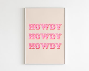 Howdy Printable Wall Art, Preppy Wall Art, Pink Preppy Poster, Druckbare Boho Wandkunst, Teenager Poster, Western Print, Entryway Schild