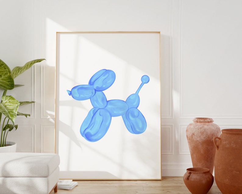 May include: A blue balloon animal shaped like a dog, against a white background.