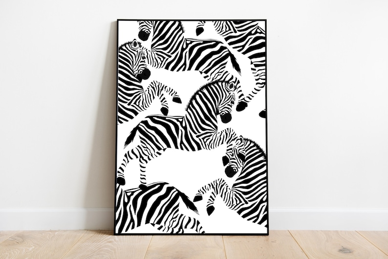 May include: Black and white illustration of zebras in a repeating pattern. The zebras are shown in various poses, some are standing, some are lying down, and some are running. The background is white.
