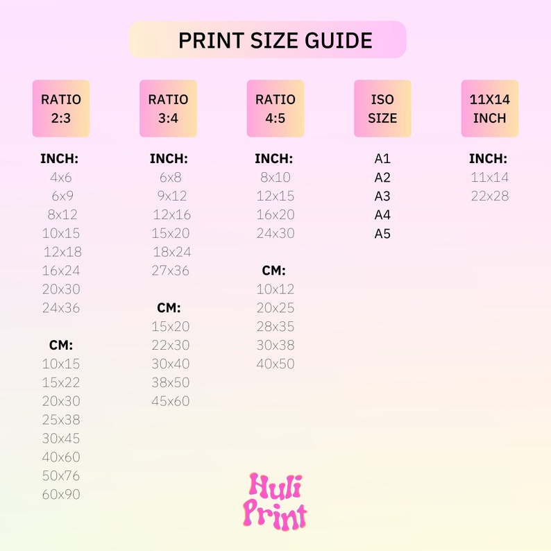 May include: A pink and yellow chart with the title "Print Size Guide". The chart shows different print sizes in inches and centimeters for various aspect ratios, including 2:3, 3:4, and 4:5. It also includes ISO paper sizes, such as A1, A2, A3, A4, and A5. The chart is designed to help users choose the right print size for their needs.